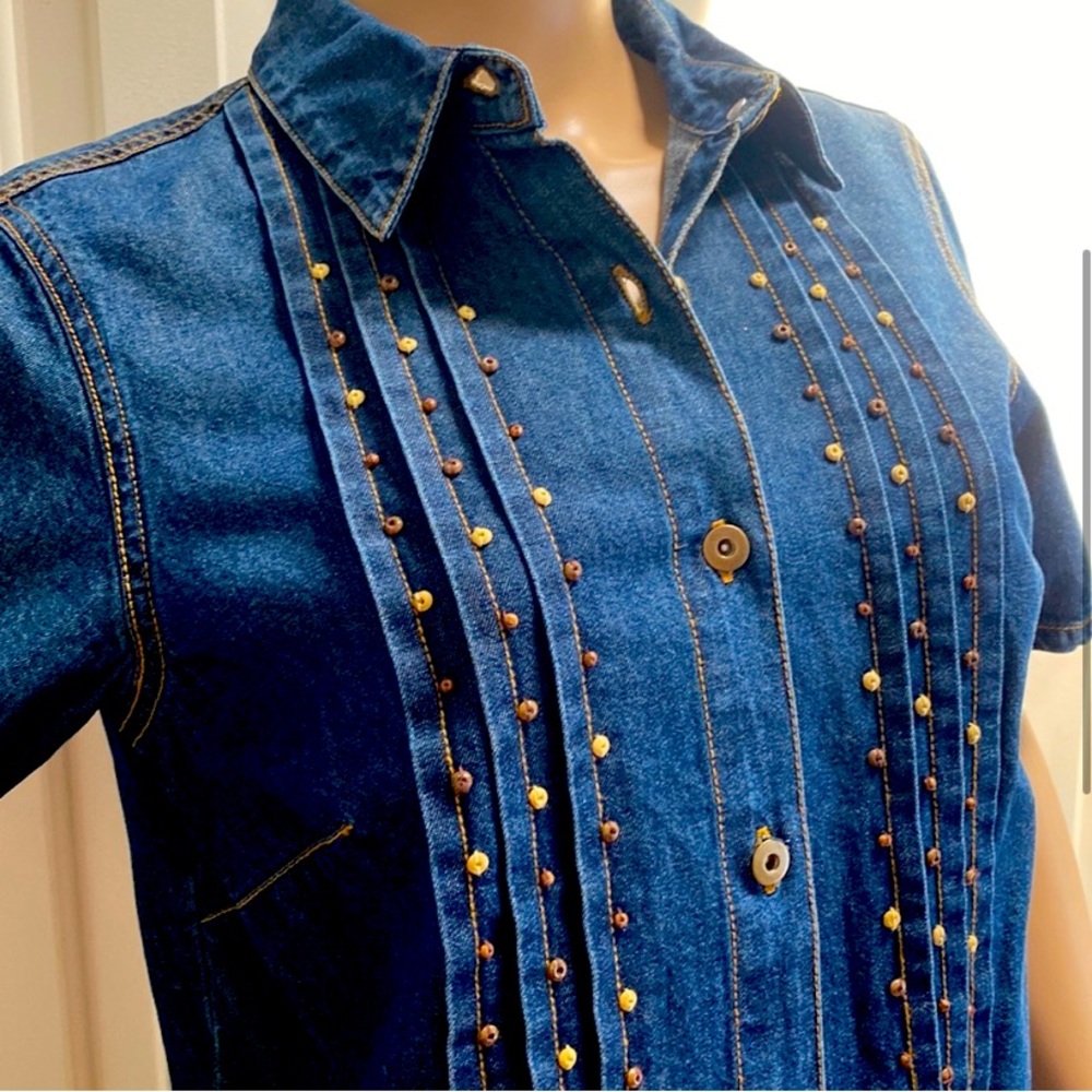 NWOT T & Company Romantic Bohemian Beaded Denim Top |Size Small